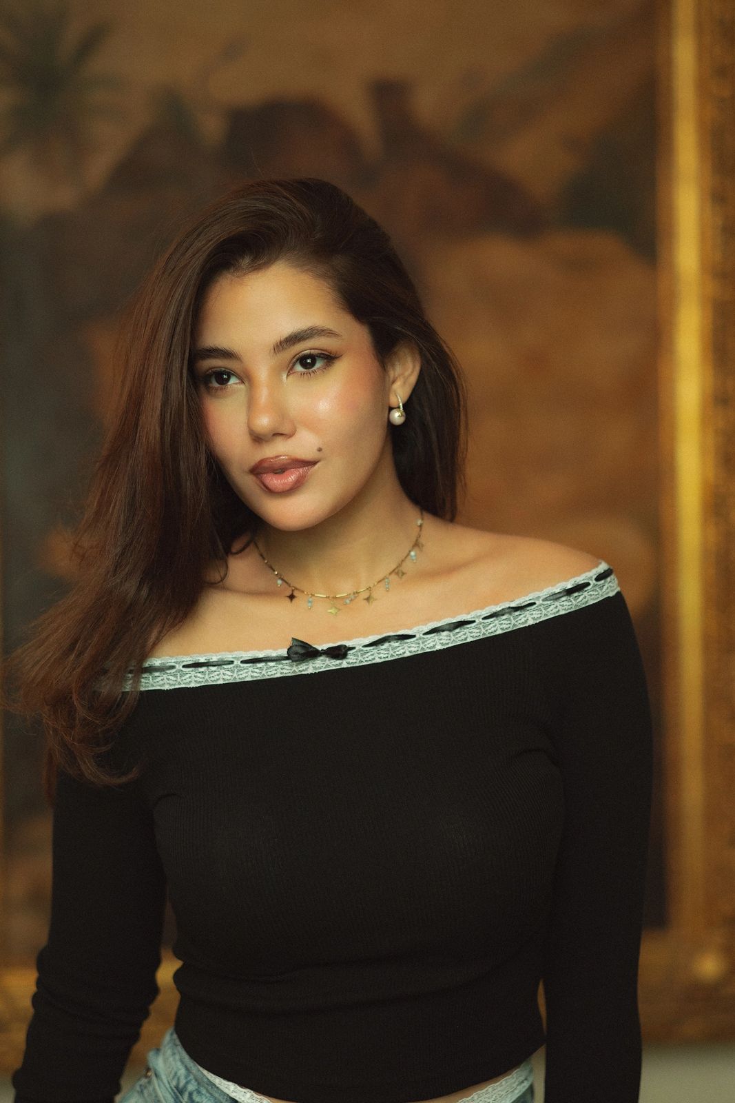 Off The Shoulder Lace Embroidered Top front view by Maison Ria