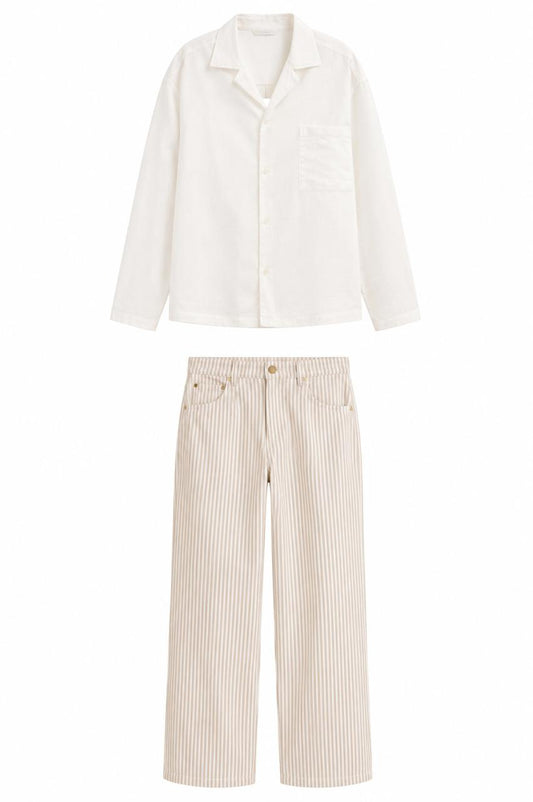 Linen Relaxed Shirt + Striped Gabardine Trousers