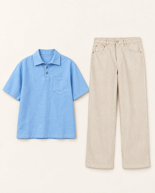 Linen Shirt + Striped Gabardine Trousers